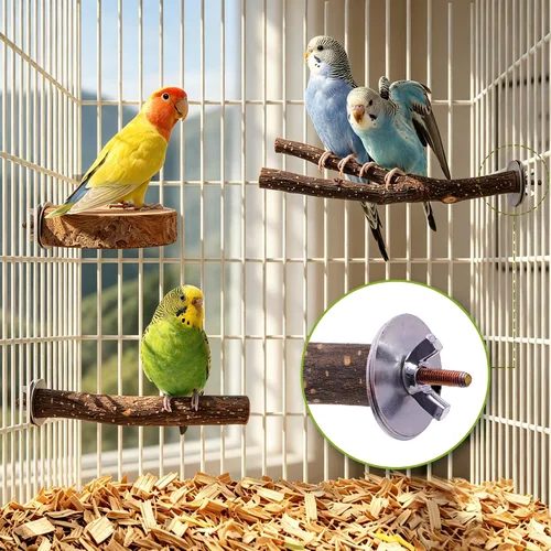 Vista 6 de Juego de 8 perchas para pájaros de madera de manzana natural, accesorios para jaula de pájaros, soporte de madera para loros, ramas de madera dura