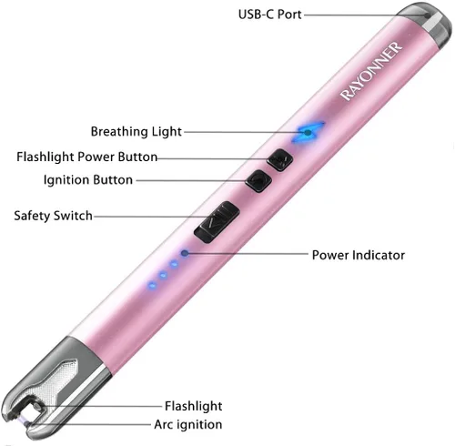 Vista 3 de RAYONNER Encendedor eléctrico de velas con linterna, USB C recargable, de arco de plasma, resistente al viento, para velas profundas, estufa de gas