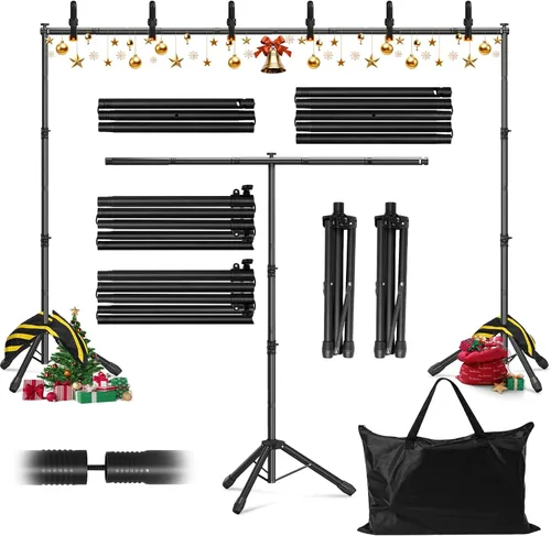 Vista 9 de Kit de soporte de fondo 3 en 1 de 10 x 7.5 pies para estudio de fotografía, soporte de fondo en forma de T para fiestas de bodas, soporte de fondo