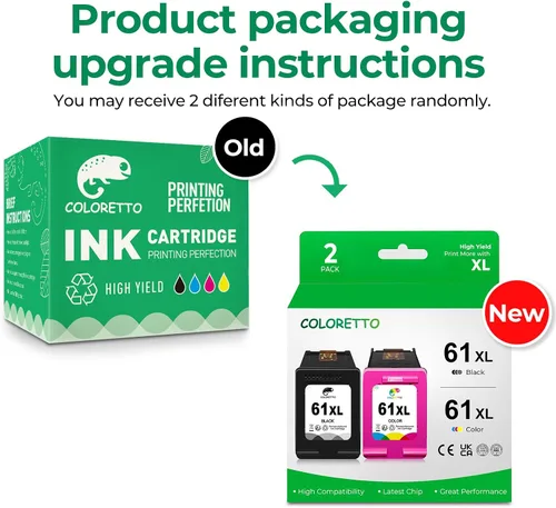 Vista 2 de COLORETTO - Cartuchos de tinta para impresora remanufacturados de repuesto para HP 61XL para usar con Envy 4500, 5530, 5535, Deskjet 1510, 1512, 1