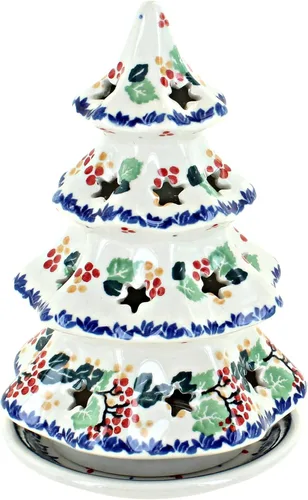 Vista 4 de Cerámica polaca Blue Rose – Luminaria de árbol de Navidad mediano Blue Alyce – 7 pulgadas de alto – Portavelas de cerámica polaca pintado a mano