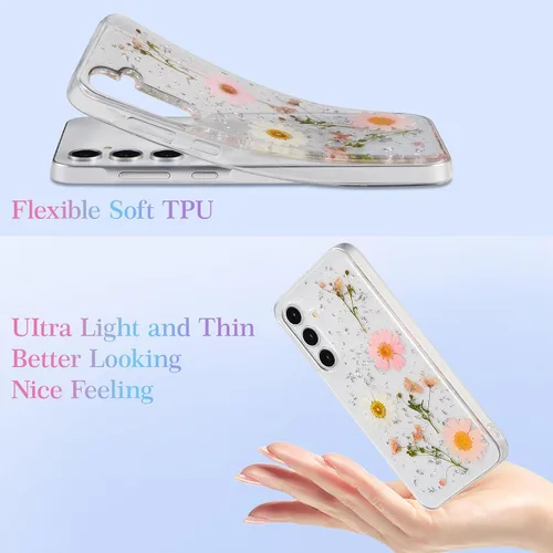 Vista 4 de EYZUTAK Funda para Samsung Galaxy A15 4G/5G, Bling Glitter Lentejuelas Hecho a Mano Hoja De Flor Seca Real Funda Estética Transparente Embedded
