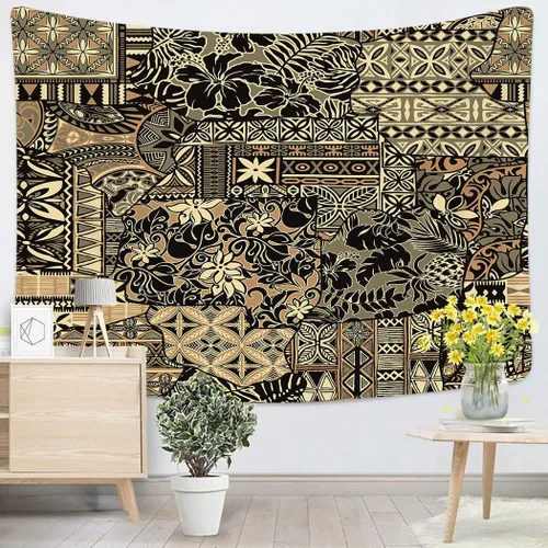 Vista 5 de Shenywell Tapiz abstracto vintage para colgar en la pared, 50 x 60 pulgadas, patrón hawaiano, flores, hibisco, elementos tribales, tela
