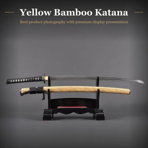 Vista 2 de Katana Samurai Sword, 1045 Carbon Steel, Hand Forged, Full Tang Patrón de bambú y bambú Saya