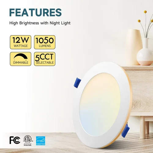 Vista 2 de ECOELER Luz de techo empotrada LED de 6 pulgadas 5CCT con luz nocturna, luz de oblea delgada sin lata de 12W 1050Lm, luz empotrada regulable y con 5