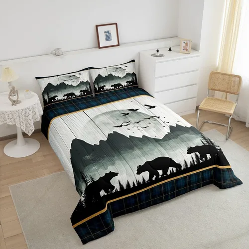 Vista 4 de Juego de edredón de oso rústico tamaño individual para mujeres adultas, ropa de cama con estampado de oso salvaje y animales salvajes, relleno