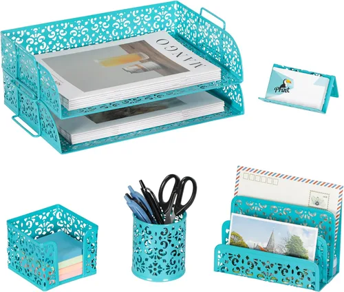 Vista 11 de EasyPAG Set organizador de escritorio 5 en 1 – Incluye 2 Charolas tamaño papel Carta, Clasificador de cartas, soporte de bolígrafos, recipiente