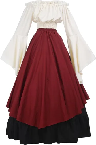 Vista 3 de CR ROLECOS Disfraz renacentista para mujer, vestido medieval de campesina, manga de trompeta victoriana, camisa y falda para feria renacentista