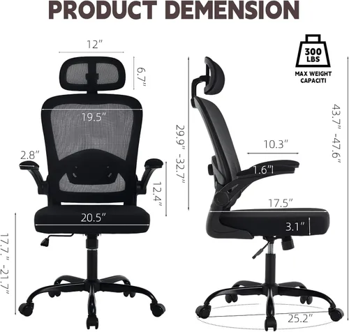 Vista 2 de Silla de oficina ergonómica con soporte lumbar ajustable 3D, respaldo alto de malla, reposacabezas giratorio de 75°, función mecedora, capacidad