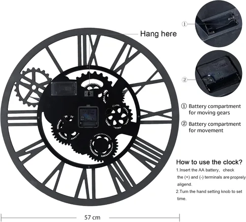 Vista 9 de Lafocuse - Reloj de engranaje steampunk de 23 pulgadas con engranajes móviles de madera de bronce Industrial Rustic Large Wall Clock for Living
