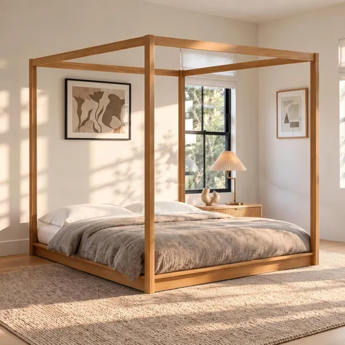Vista 27 de Cama de plataforma con dosel de 4 pósteres de tamaño matrimonial con cabecero de listones verticales Negro-8.1