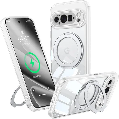 Vista 15 de 【Soporte magnético giratorio de 360°】 Funda para Google Pixel 9 【Compatible con MagSafe y Pixelsnap】 Funda con soporte de anillo 【Cristal Negro