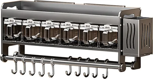 Vista 10 de Cuchillo colgante de pared para montaje en pared, taza de condimentos, estante de cuchillos que ahorra espacio con ganchos, organizador de cocina