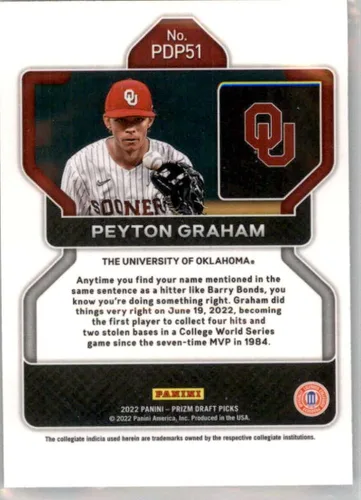 Vista 2 de 2022 Panini Prizm Draft Picks #51 Peyton Graham Oklahoma Sooners Official NCAA Baseball Card in Raw (NM or Better) Condition