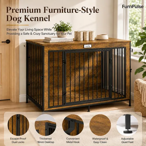 Vista 7 de Mueble de jaula de perro XL de 48 pulgadas para perros grandes y medianos, perrera de madera para interiores con 3 puertas, anillo de bloqueo