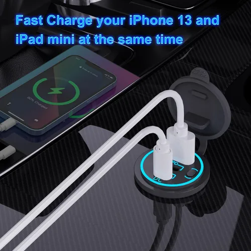 Vista 3 de Toma USB de 12V Cable Cargador USB Multipuerto, Dual PD3.0 USB-C y Carga Rápida 3.0 Puerto de Coche con Interruptor de Encendido, Carga Rápida