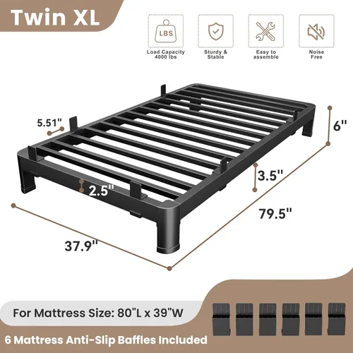 Vista 25 de MAF - Base de cama de plataforma de 14 pulgadas para cama individual con listones de madera, base de cama de metal resistente de 3500 libras