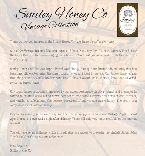 Vista 7 de Smiley Honey, Miel Tupelo envejecida en barril, vintage 2020, envejecido 5 años en barricas de bourbon de búho de Kentucky, carrera exclusiva