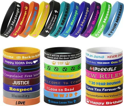 Vista 6 de 10/30/50/100 pulseras de silicona personalizadas para eventos, fiestas, conciencia, pulseras multicolor personalizadas a granel Texto en relieve