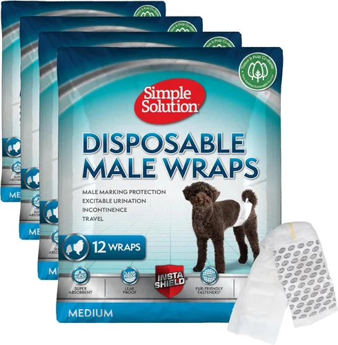Vista 12 de Simple Solution Pañales Desechables Envolventes para Perros Machos, True Fit, Absorbentes, A Prueba de Fugas con Indicador de Humedad, Pañal