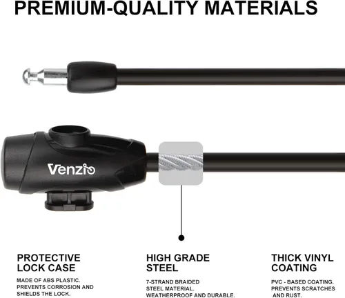 Vista 3 de Venzio - Cable antirrobo para bicicleta, resistente de 4 pies, cable de bloqueo de bicicleta de 0.5 pulgadas Bike Lock Cable with 2 Keys and