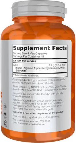 Vista 2 de Now Sports AAKG 2200, arginina, producción de energía, 180 cápsulas vegetales