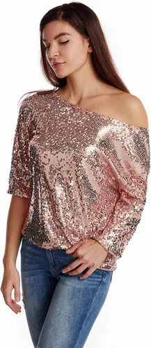 Vista 5 de Camiseta sin mangas con lentejuelas brillantes y hombros descubiertos para mujeres, Blusa, Camiseta para cóctel, informal, con lentejuelas