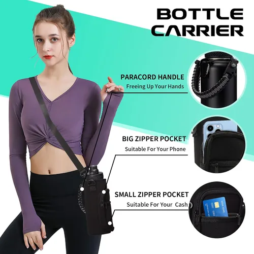 Vista 7 de Botella de agua aislada al vacío de 40 onzas - con tapa de popote y tapa de boquilla, bolsa de transporte, mango de paracord, funda de botella
