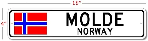 Vista 2 de Molde, Noruega, letrero de calle con bandera noruega, letrero de metal novedoso para decoración del hogar, letrero personalizado, letrero de cueva