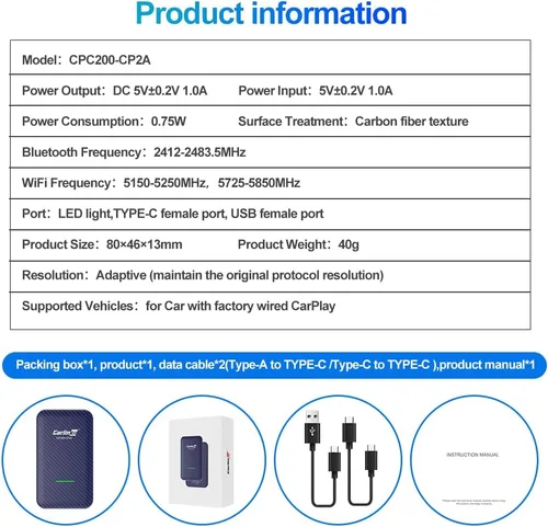 Vista 8 de CarlinKit Adaptador 4.0 CP2A para coche CarPlay con cable, 2 en 1 Convertir CarPlay con cable a inalámbrico, Android Auto inalámbrico para Android