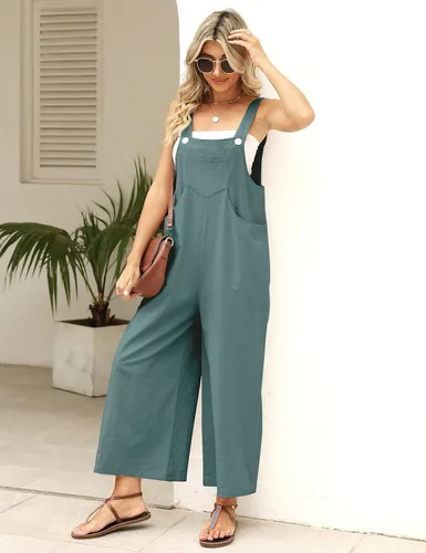 Vista 5 de APAFES Overol de verano de algodón y lino negro para mujer, holgado, sin mangas, ajustable, pierna ancha, monos de una pieza