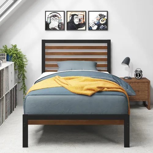 Vista 3 de Zinus Kai - Base de cama de bambú y metal con cabecero, no necesita somier, fácil montaje, individual, color marrón