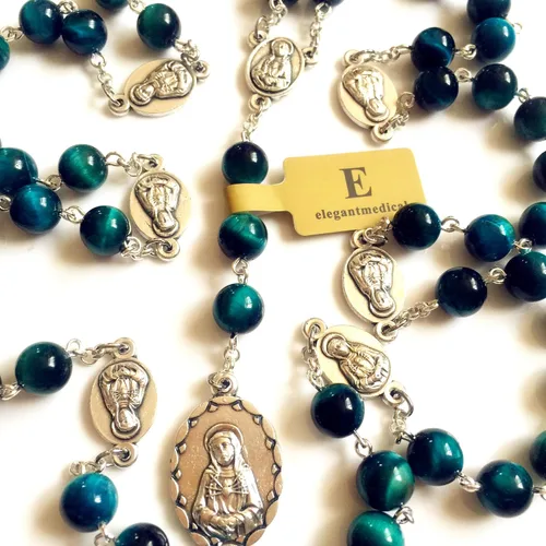 Vista 3 de elegantmedical Hecho a mano Rara Pavo Real BuleTiger Eye Jade Cuentas Siete 7 PELÍCULAS MARÍA MEDALLA Rosario Collar Regalos Católicos, Vidrio
