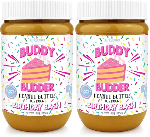 Vista 4 de BUDDY BUDDER Birthday Bash, mantequilla de maní 100 % natural para perros, golosina saludable de mantequilla de maní para perros, fabricada