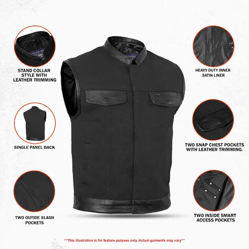 Vista 2 de Daniel Smart - Chaleco para hombre, material de lona con detalles de cuero, chaleco de motocicleta para hombre con bolsillo oculto
