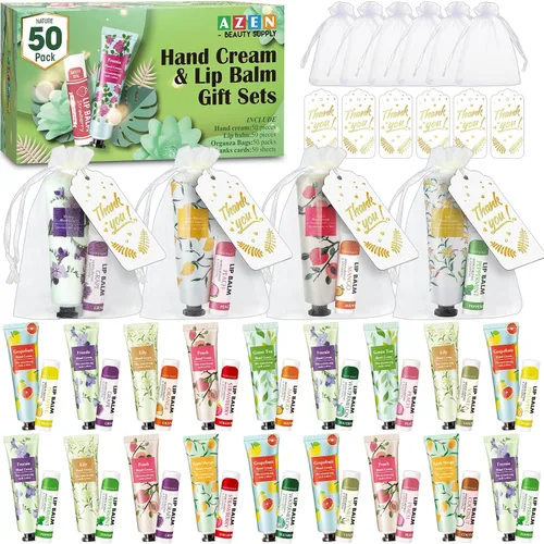Vista 9 de AZEN 12 Sets Bulk Gifts, Hand Cream and Lip Balm Bulk Set with Organza Bag Thank You Card, Baby Shower Wedding Gifts for Guests, Bridal Wedding