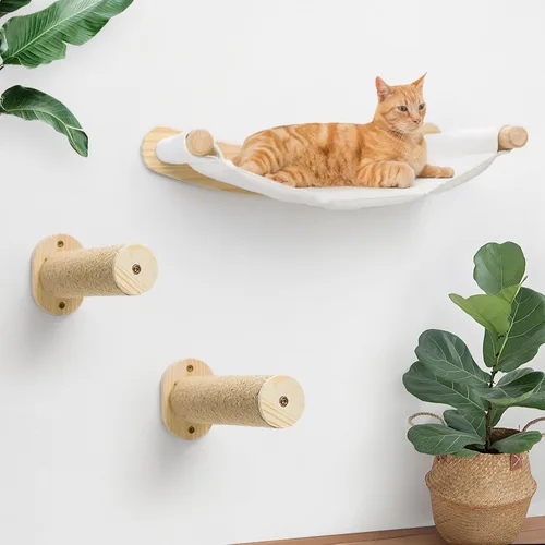 Vista 10 de Hamaca de pared para gatos, 2 estantes de escalada para gatos, estantes de pared grandes para cama y tabla rascadora para escalar, dormir, jugar