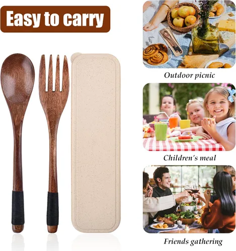 Vista 4 de Juego de cubiertos de madera, cuchara y tenedor, cubiertos de viaje reutilizables con estuche, utensilios portátiles, procesamiento de cuerda