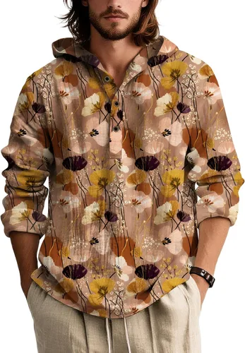 Vista 18 de Sudaderas con capucha con estampado floral retro para hombre, estilo bohemio, con botones, manga larga, sudaderas de gran