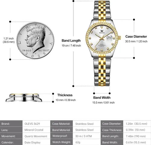 Vista 6 de OLEVS Reloj de acero inoxidable para mujer, estilo vintage, dorado, plateado, de dos tonos, analógico, de cuarzo, casual, impermeable