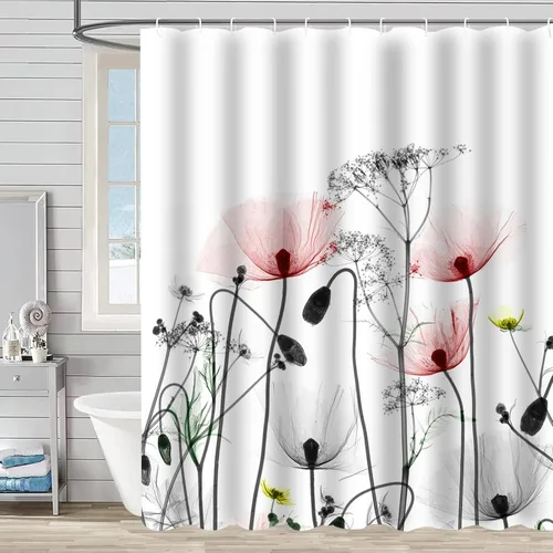 Vista 14 de Cortina de ducha floral de primavera, cortinas de ducha de plantas de flores silvestres para baño, cortina de baño de tela de poliéster impermeable