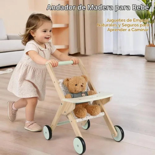Vista 2 de Cochecito de muñeca de madera para caminar, cochecito de bebé para muñecas