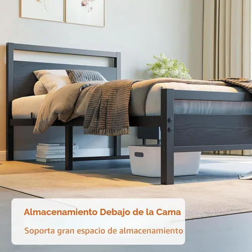 Vista 7 de BOFENG Marco de Cama Individual con Cabecera de Madera, Marco de Cama de Plataforma Individual de Metal Tamaño Individual Sin Somier Necesario Negro