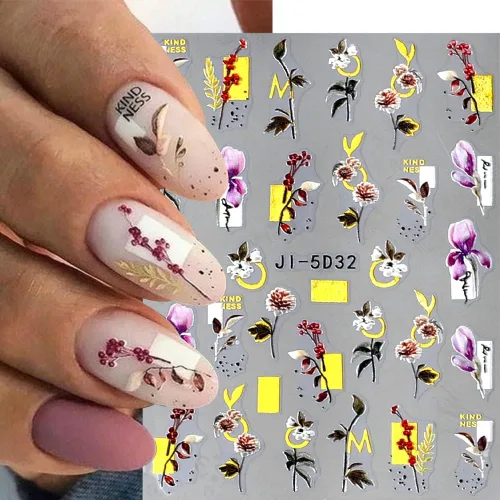 Vista 9 de Calcomanías de uñas bronceadas en relieve 5D, 3 hojas de flores de primavera, hierba, pájaro, calcomanías de arte de uñas, accesorios de uñas