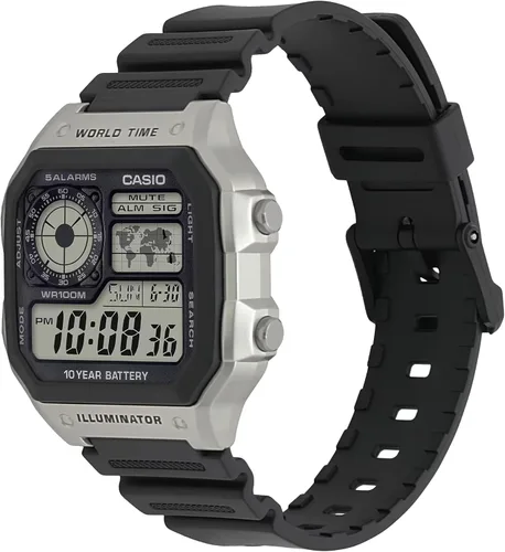 Vista 2 de Casio AE1200WH Series Men’s Digital Watch 100M WR Multi Alarms 100 SEC Stopwatch Countdown Timer World Map for World Time LED Light