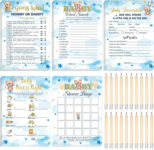 Vista 17 de Yinder 145 tarjetas de actividades para juegos de baby shower con 20 lápices, incluye descripción de bingo para bebés y deseos, adivina quién es