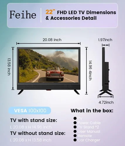 Vista 7 de Feihe TV de 22 Pulgadas, HDTV LED de Pantalla Ancha 1080p con Sintonizadores Digitales ATSC, Pantalla Plana con HDMI/VGA/RCA/USB para Cocina, RV