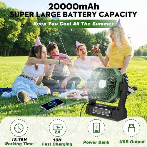 Vista 2 de Multper Ventilador portátil, ventilador de campamento de 20000 mAh con linterna LED y control remoto, ventilador recargable de 4 velocidades y 4