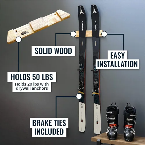 Vista 3 de StoreYourBoard Soporte de pared horizontal de madera para esquís – Organizador de pared de esquí resistente, soportes de esquí que ahorran espacio