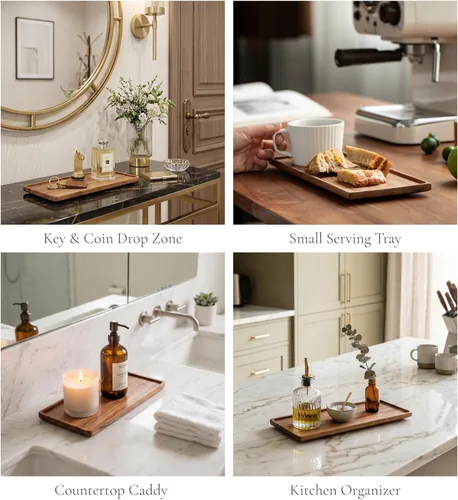 Vista 4 de Vandroop Bandeja de madera para servir, pequeñas bandejas decorativas para fiestas, aperitivos, té/café y queso, juego de 2 tablas de madera hechas